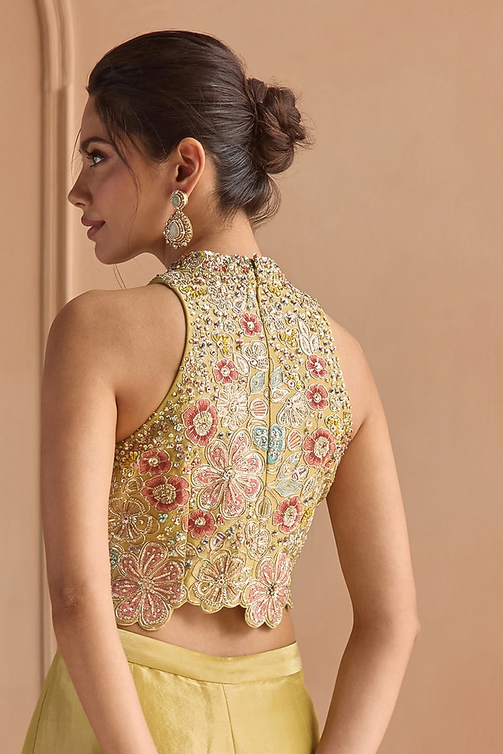 Butter Yellow Tissue Silk Aari Embroidered Flared Pant Set by Osaa By Adarsh at Pernia's Pop Up Shop