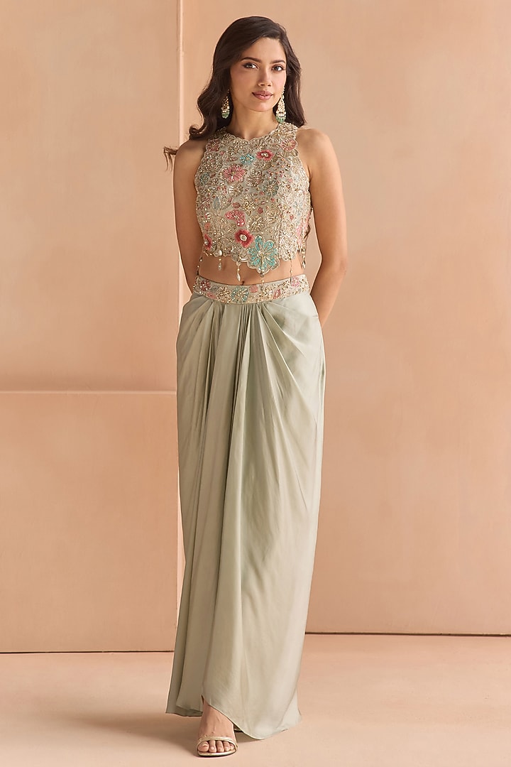 Mist Blue Tissue Silk Aari Embroidered Skirt Set by Osaa By Adarsh at Pernia's Pop Up Shop