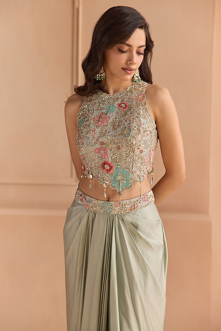 Mist Blue Tissue Silk Aari Embroidered Skirt Set by Osaa By Adarsh at Pernia's Pop Up Shop