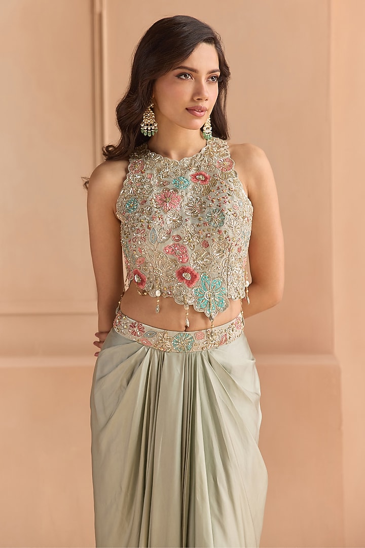 Mist Blue Tissue Silk Aari Embroidered Skirt Set by Osaa By Adarsh at Pernia's Pop Up Shop