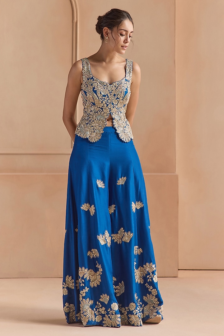 Jade Blue Mulberry Silk Aari Embroidered Gharara Set by Osaa By Adarsh at Pernia's Pop Up Shop