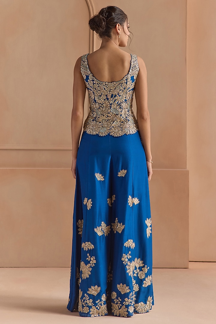 Jade Blue Mulberry Silk Aari Embroidered Gharara Set by Osaa By Adarsh at Pernia's Pop Up Shop