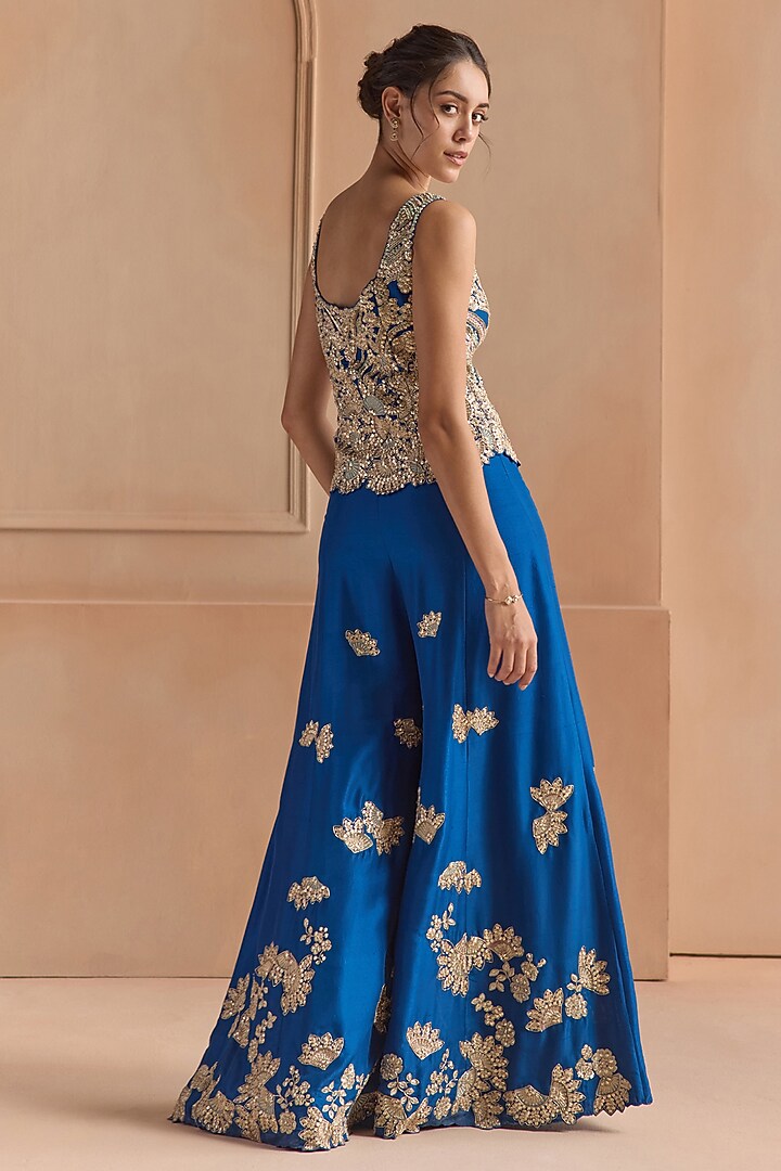 Jade Blue Mulberry Silk Aari Embroidered Gharara Set by Osaa By Adarsh at Pernia's Pop Up Shop