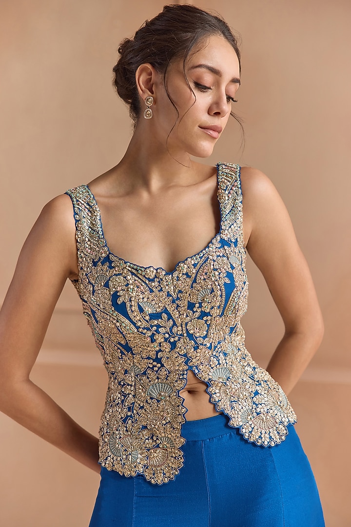 Jade Blue Mulberry Silk Aari Embroidered Gharara Set by Osaa By Adarsh at Pernia's Pop Up Shop