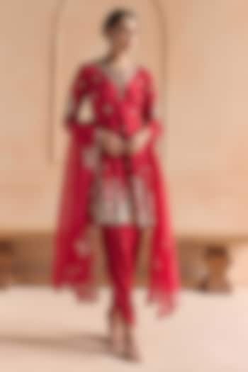 Cherry Red Mulberry Silk Aari Embroidered Kurta Set by OSAA By Adarsh at Pernia's Pop Up Shop