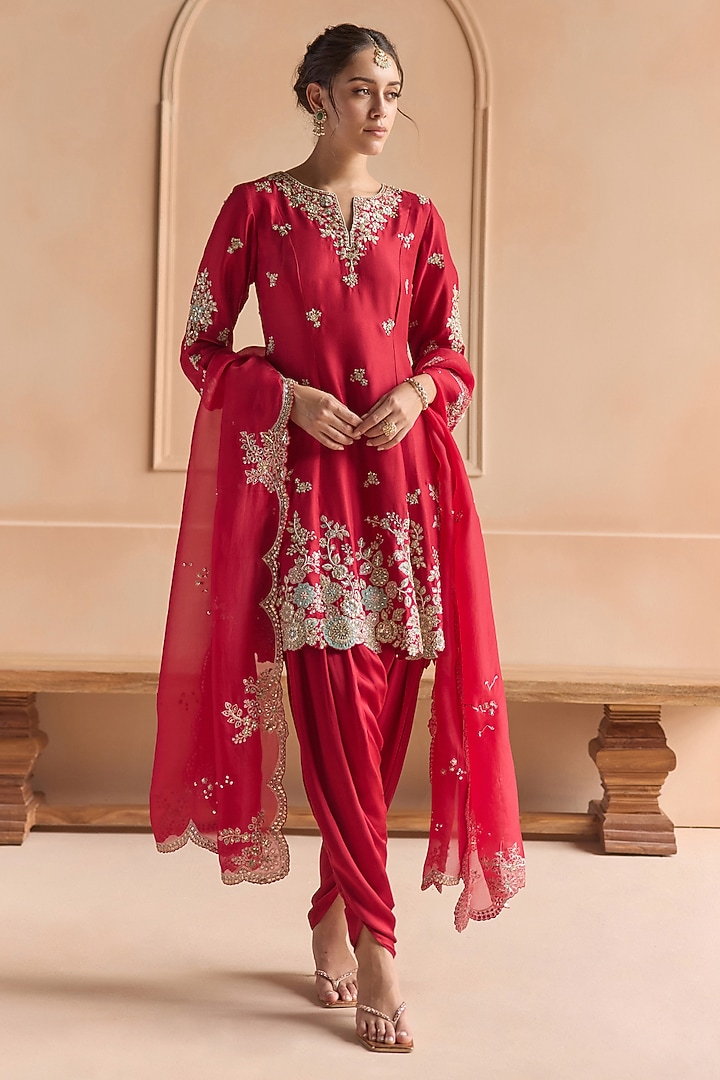 Cherry Red Mulberry Silk Aari Embroidered Kurta Set by OSAA By Adarsh at Pernia's Pop Up Shop