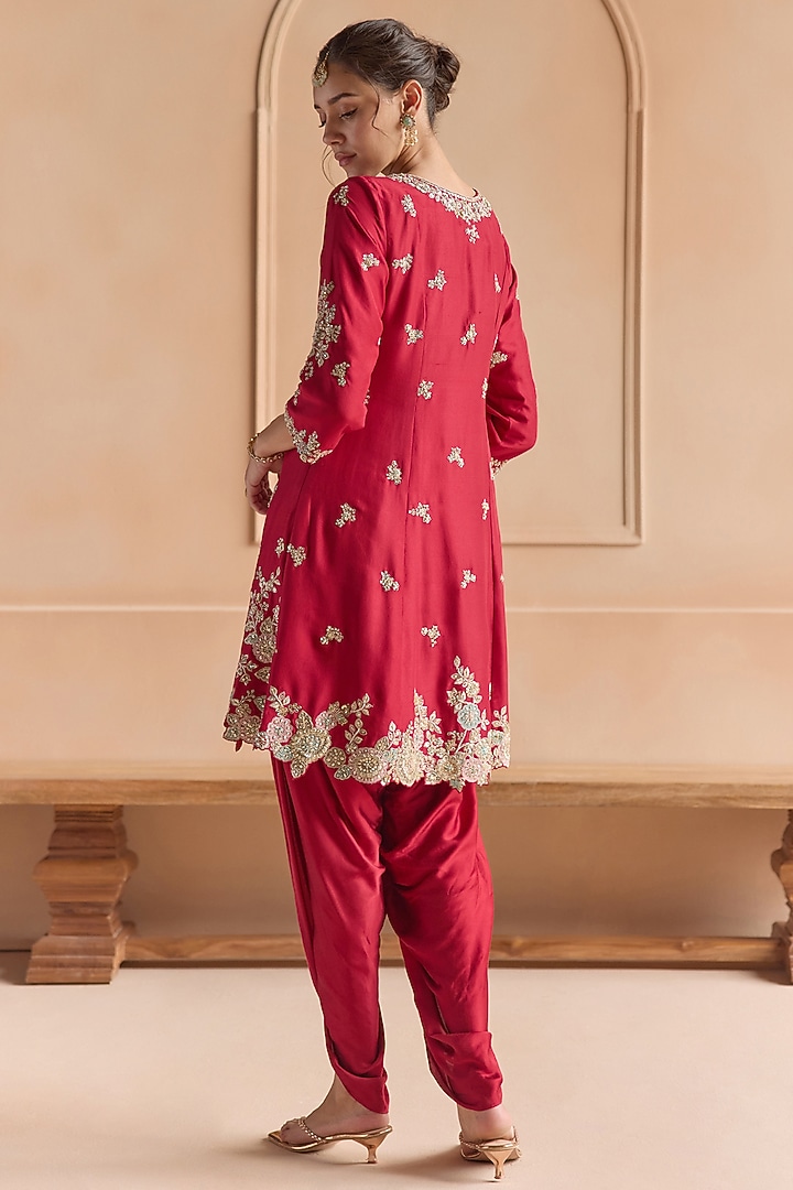 Cherry Red Mulberry Silk Aari Embroidered Kurta Set by OSAA By Adarsh at Pernia's Pop Up Shop