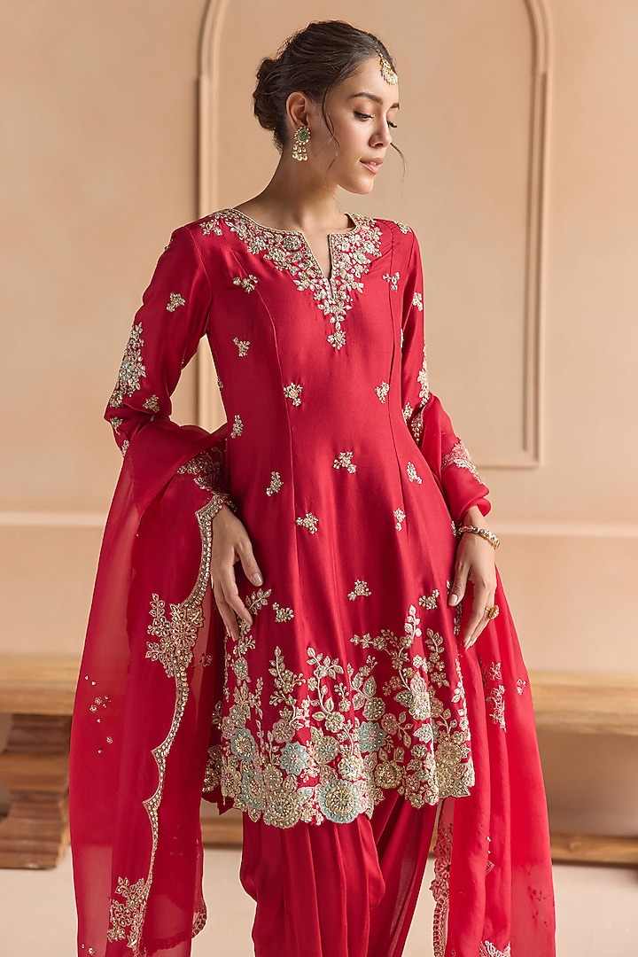 Cherry Red Mulberry Silk Aari Embroidered Kurta Set by OSAA By Adarsh at Pernia's Pop Up Shop