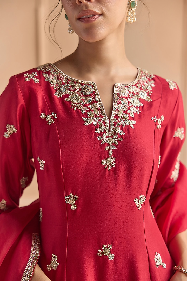 Cherry Red Mulberry Silk Aari Embroidered Kurta Set by OSAA By Adarsh at Pernia's Pop Up Shop