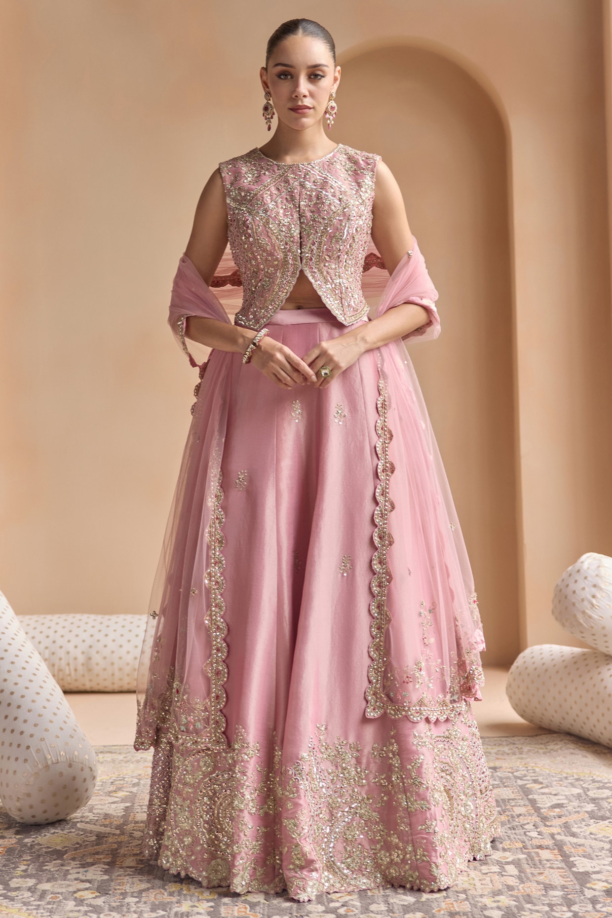 OSAA By Adarsh Soft Berry-Colored Mulberry Silk Aari Embroidered Lehenga Set
