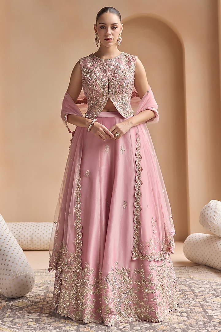 Soft Berry-Colored Mulberry Silk Aari Embroidered Bridal Lehenga Set by OSAA By Adarsh at Pernia's Pop Up Shop
