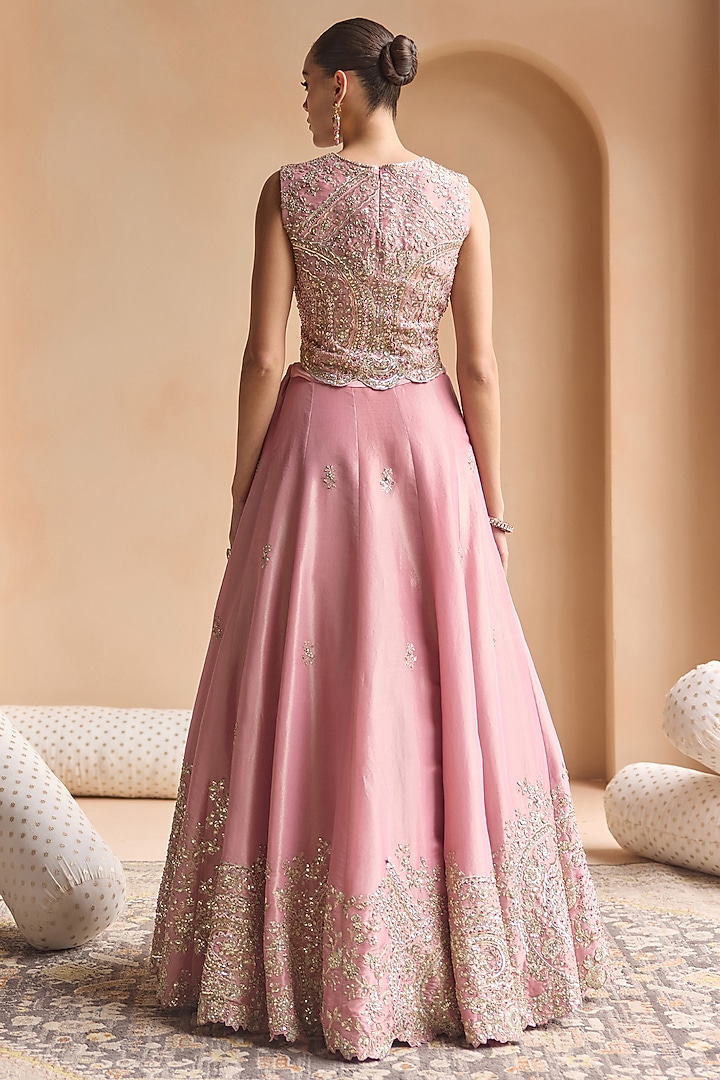 Soft Berry-Colored Mulberry Silk Aari Embroidered Bridal Lehenga Set by OSAA By Adarsh at Pernia's Pop Up Shop