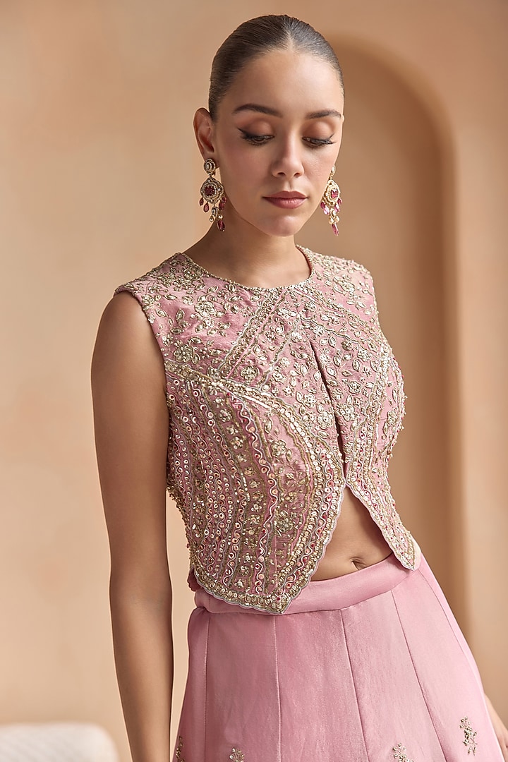 Soft Berry-Colored Mulberry Silk Aari Embroidered Bridal Lehenga Set by OSAA By Adarsh at Pernia's Pop Up Shop