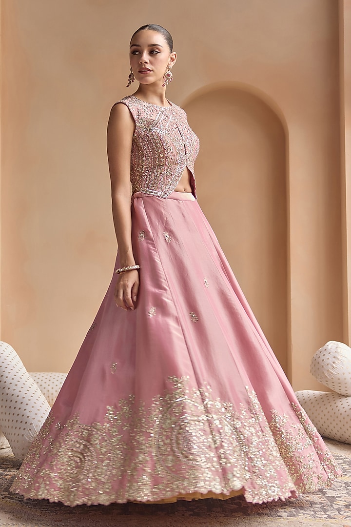 Soft Berry-Colored Mulberry Silk Aari Embroidered Bridal Lehenga Set by OSAA By Adarsh at Pernia's Pop Up Shop