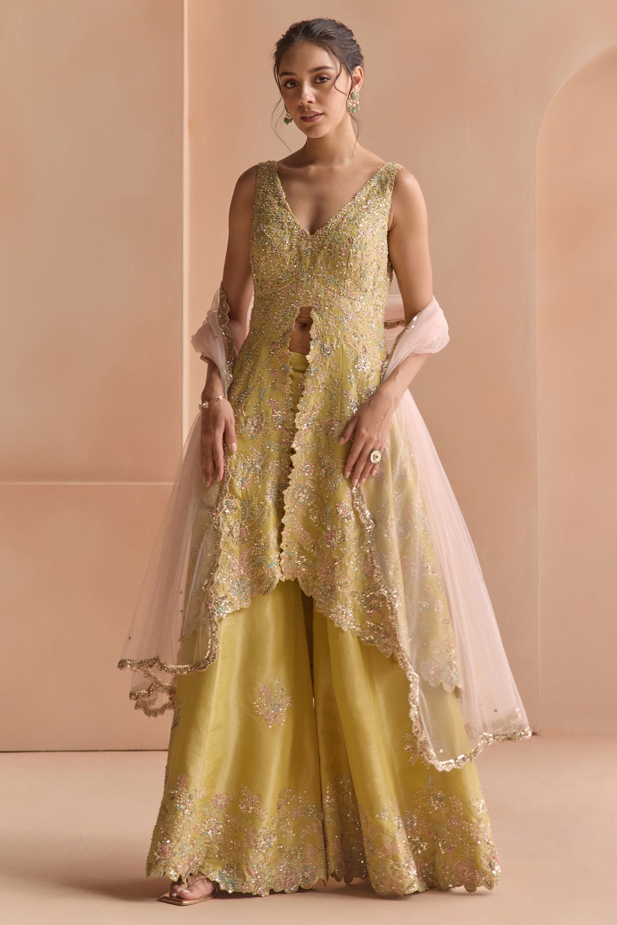 Osaa By Adarsh Citrus Yellow Tissue Silk Aari Embroidered Jacket Set