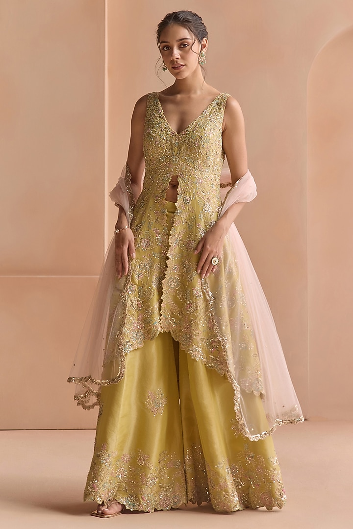Citrus Yellow Tissue Silk Aari Embroidered Jacket Set by Osaa By Adarsh at Pernia's Pop Up Shop