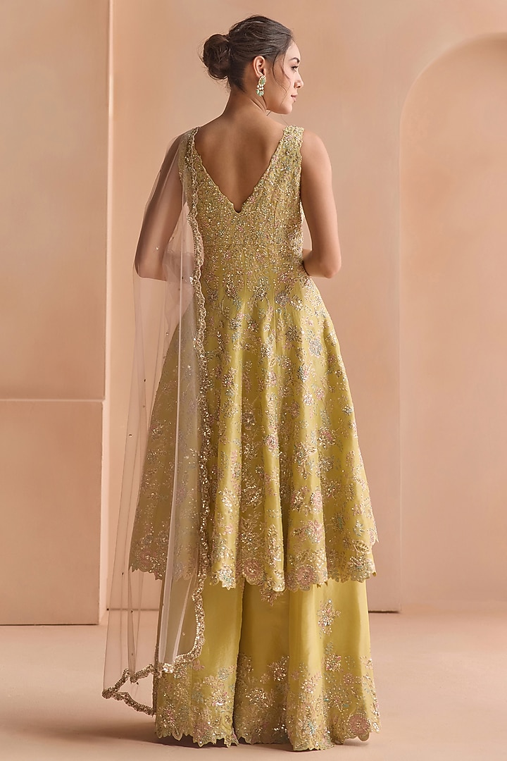 Citrus Yellow Tissue Silk Aari Embroidered Jacket Set by Osaa By Adarsh at Pernia's Pop Up Shop