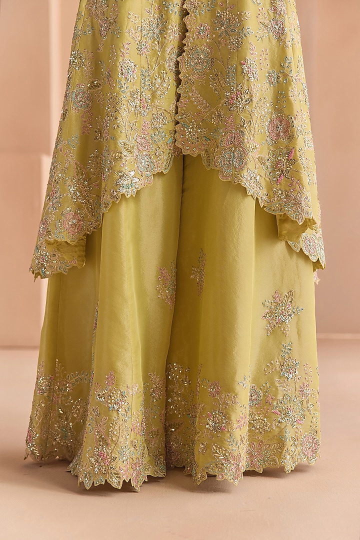 Citrus Yellow Tissue Silk Aari Embroidered Jacket Set by Osaa By Adarsh at Pernia's Pop Up Shop