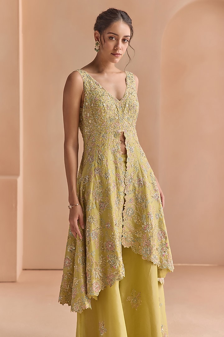 Citrus Yellow Tissue Silk Aari Embroidered Jacket Set by Osaa By Adarsh at Pernia's Pop Up Shop