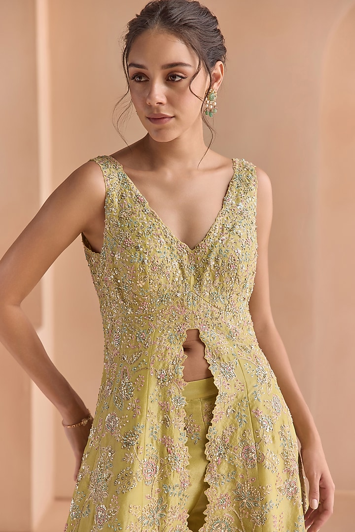 Citrus Yellow Tissue Silk Aari Embroidered Jacket Set by Osaa By Adarsh at Pernia's Pop Up Shop
