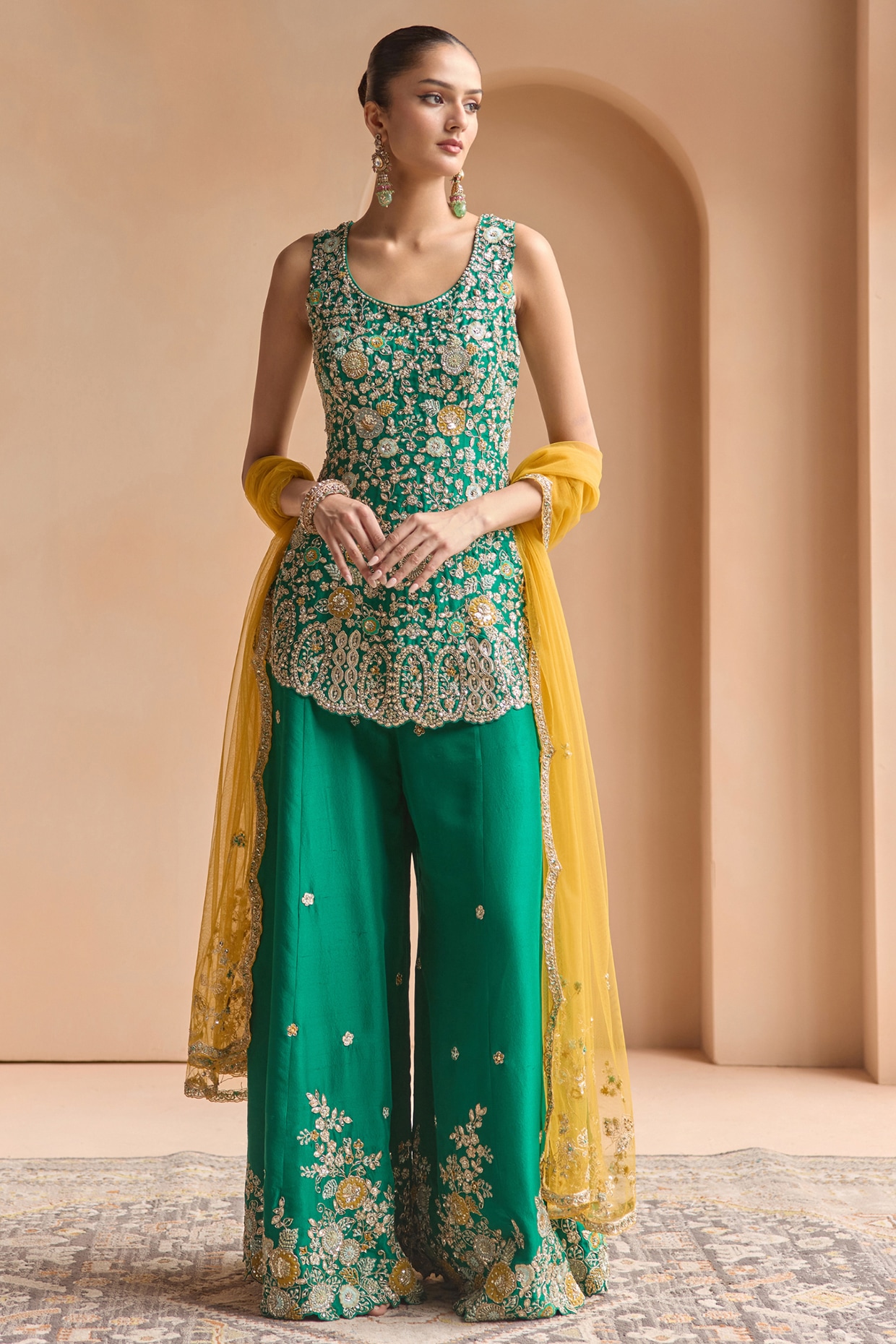OSAA By Adarsh Green Mulberry Silk Aari Embroidered Sharara Set