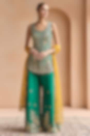 Green Mulberry Silk Aari Embroidered Bridal Sharara Set by OSAA By Adarsh at Pernia's Pop Up Shop