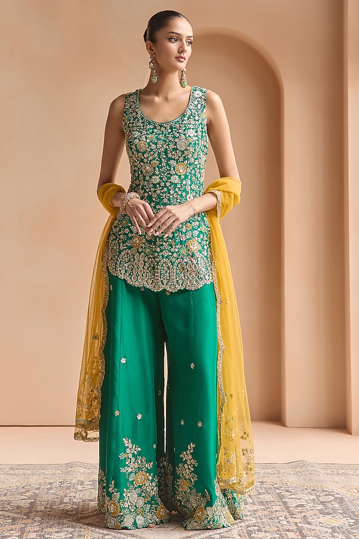 Green Mulberry Silk Aari Embroidered Bridal Sharara Set by OSAA By Adarsh at Pernia's Pop Up Shop
