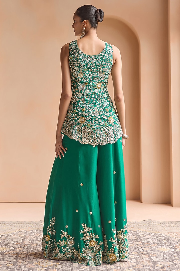 Green Mulberry Silk Aari Embroidered Bridal Sharara Set by OSAA By Adarsh at Pernia's Pop Up Shop