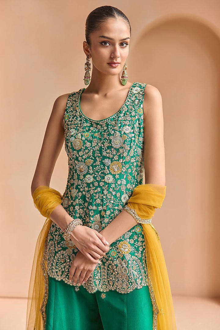 Green Mulberry Silk Aari Embroidered Bridal Sharara Set by OSAA By Adarsh at Pernia's Pop Up Shop
