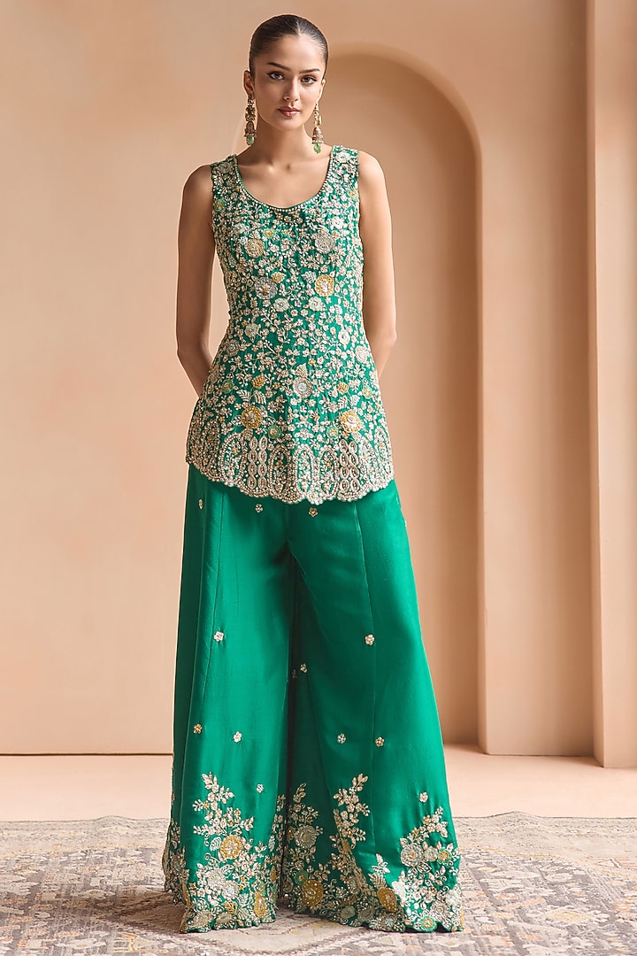 Green Mulberry Silk Aari Embroidered Bridal Sharara Set by OSAA By Adarsh at Pernia's Pop Up Shop