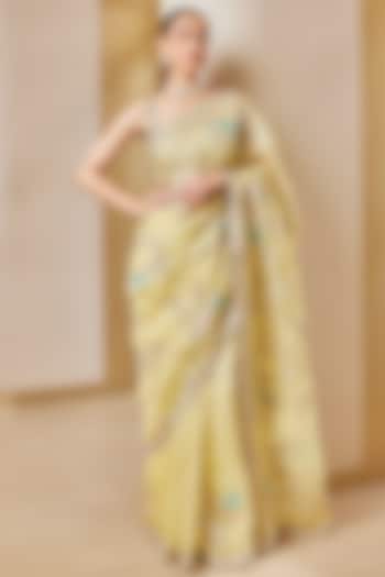 Taupe-Lemon Yellow Organza Embroidered Saree Set by OSAA By Adarsh