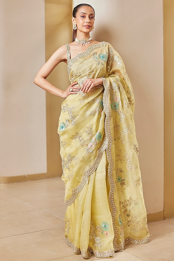 Taupe-Lemon Yellow Organza Embroidered Saree Set by OSAA By Adarsh