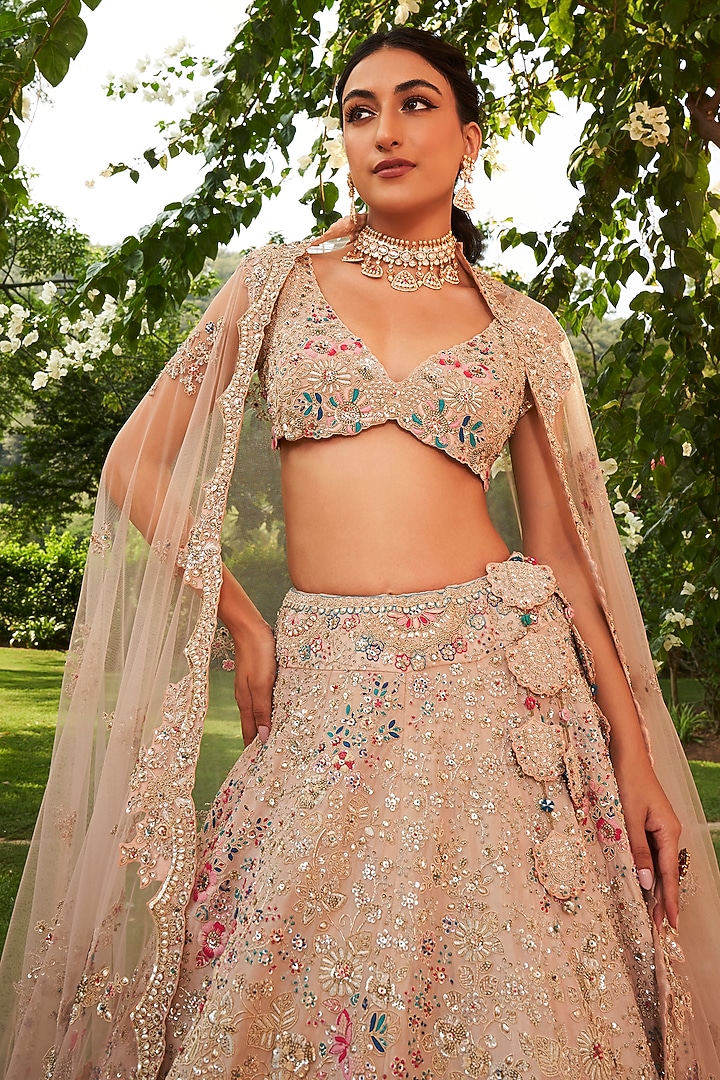 Peach Tissue Silk Embroidered Bridal Lehenga Set by OSAA By Adarsh at Pernia's Pop Up Shop