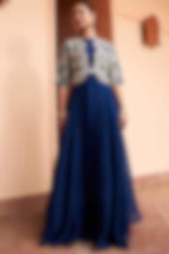Midnight Blue Mulberry & Organza Zardosi Embroidered Jacket Set by OSAA By Adarsh at Pernia's Pop Up Shop