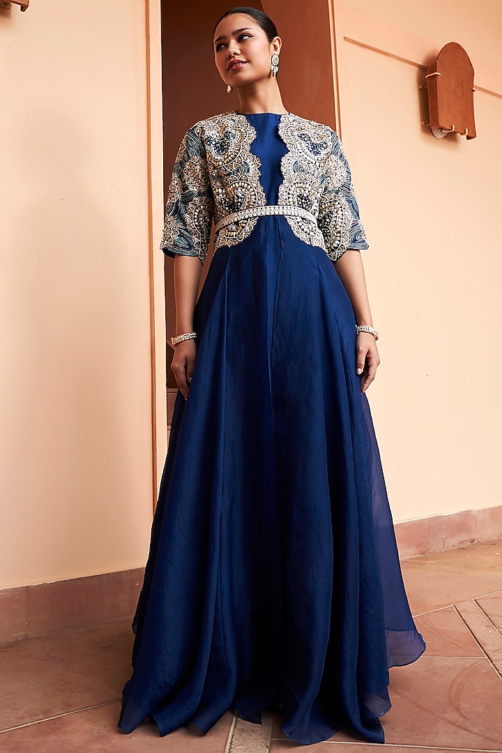 Midnight Blue Mulberry & Organza Zardosi Embroidered Jacket Set by OSAA By Adarsh at Pernia's Pop Up Shop