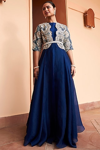 Midnight Blue Mulberry & Organza Zardosi Embroidered Jacket Set by OSAA By Adarsh