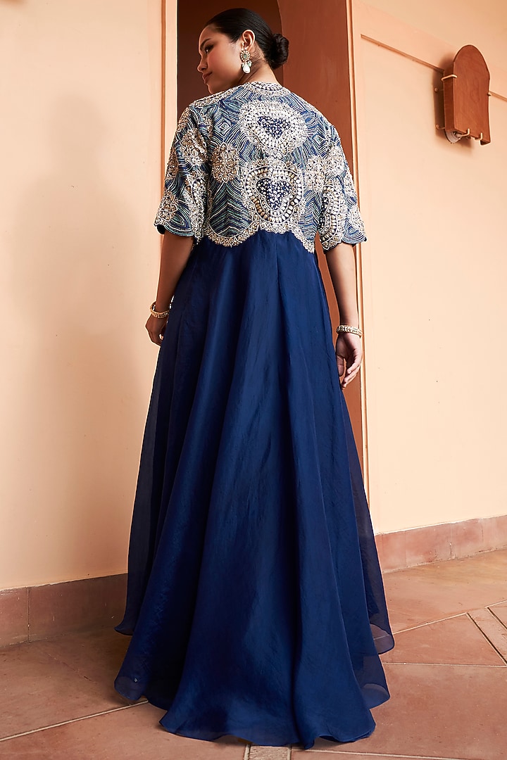 Midnight Blue Mulberry & Organza Zardosi Embroidered Jacket Set by OSAA By Adarsh at Pernia's Pop Up Shop