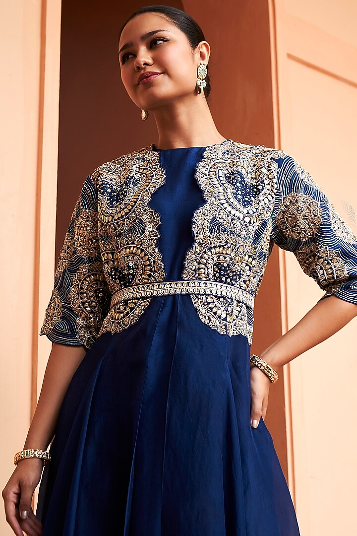 Midnight Blue Mulberry & Organza Zardosi Embroidered Jacket Set by OSAA By Adarsh at Pernia's Pop Up Shop