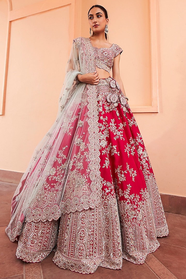Ruby Red Mulberry Silk Embroidered Lehenga Set by OSAA By Adarsh