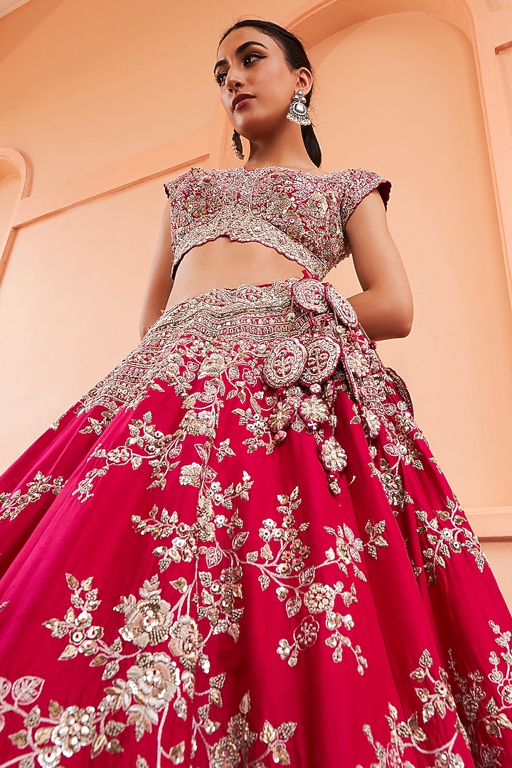 Ruby Red Mulberry Silk Embroidered Bridal Lehenga Set by OSAA By Adarsh at Pernia's Pop Up Shop