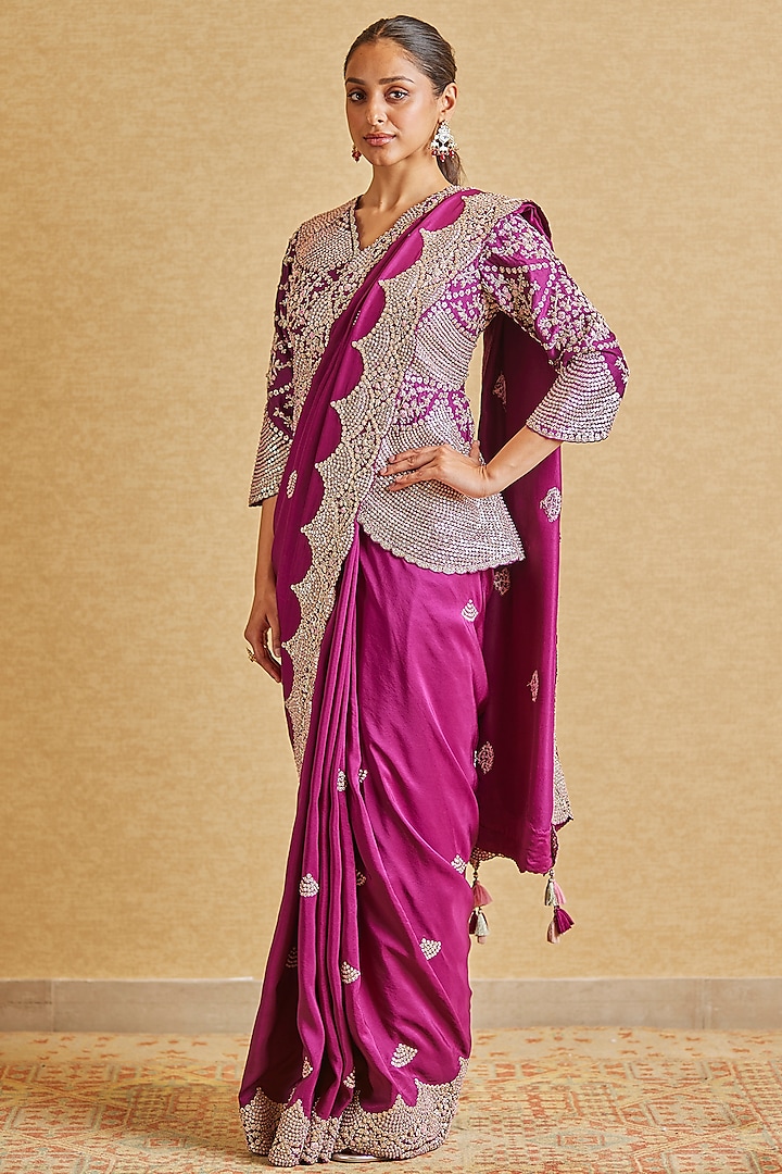 Aubergine Mulberry Silk Embroidered Saree Set by OSAA By Adarsh