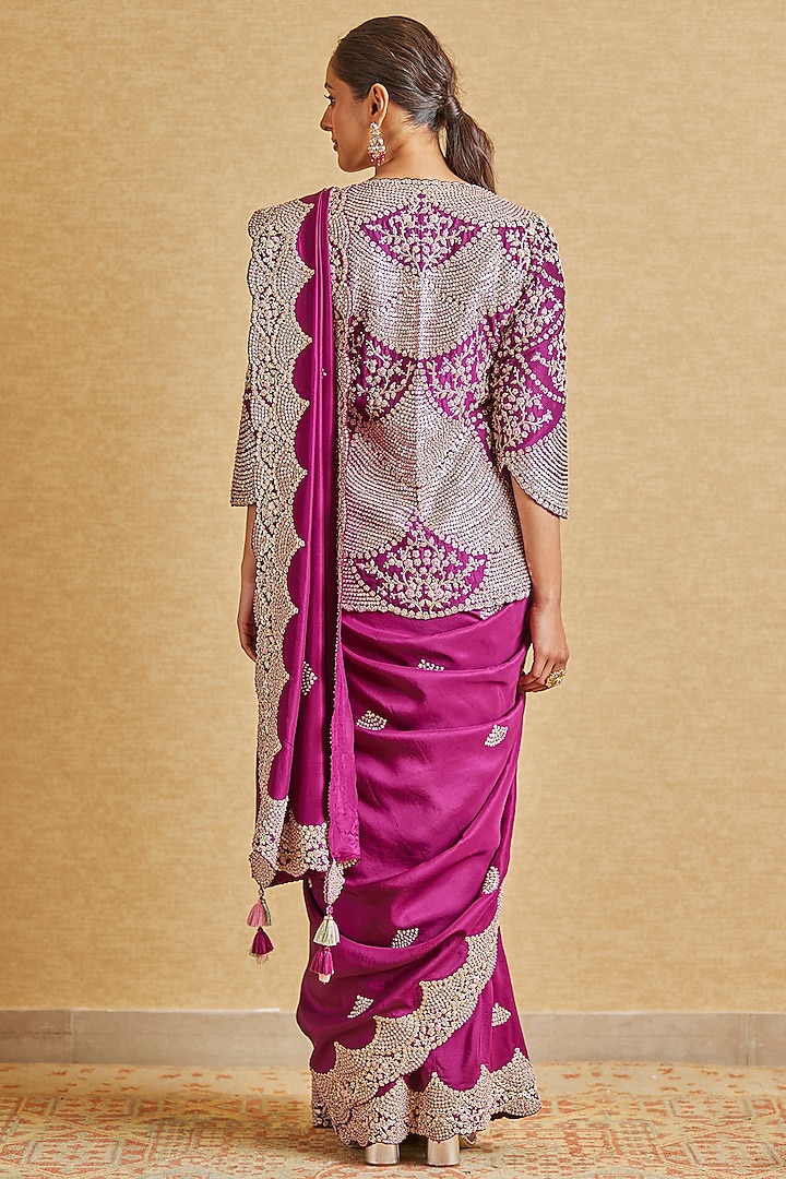 Aubergine Mulberry Silk Embroidered Reception Saree Set by OSAA By Adarsh at Pernia's Pop Up Shop