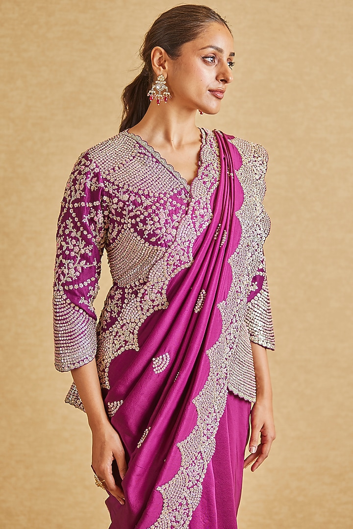 Aubergine Mulberry Silk Embroidered Reception Saree Set by OSAA By Adarsh at Pernia's Pop Up Shop