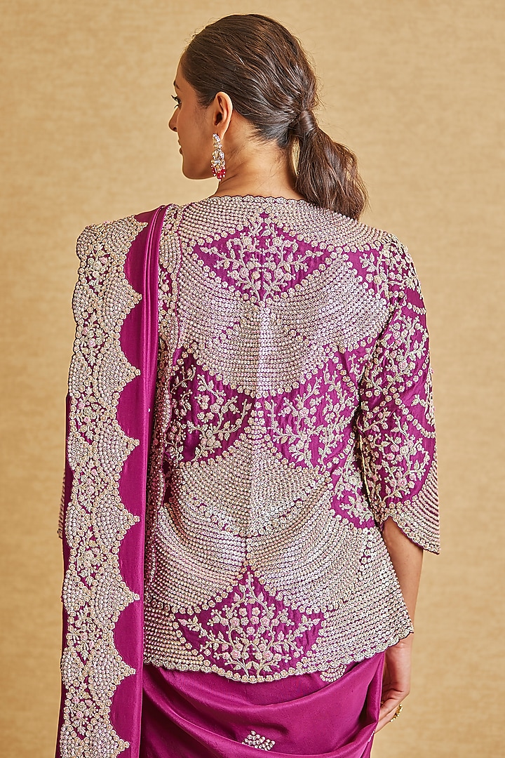 Aubergine Mulberry Silk Embroidered Reception Saree Set by OSAA By Adarsh at Pernia's Pop Up Shop