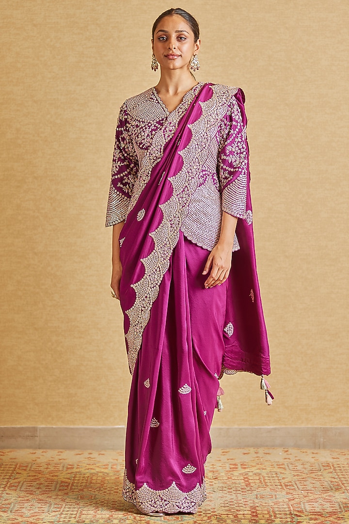 Aubergine Mulberry Silk Embroidered Reception Saree Set by OSAA By Adarsh at Pernia's Pop Up Shop