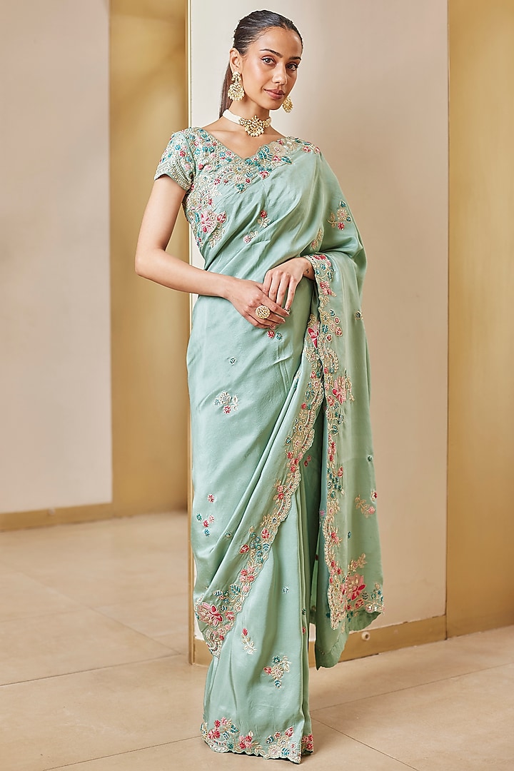 Cadet Blue Mulberry Silk Hand Embroidered Saree Set by OSAA By Adarsh