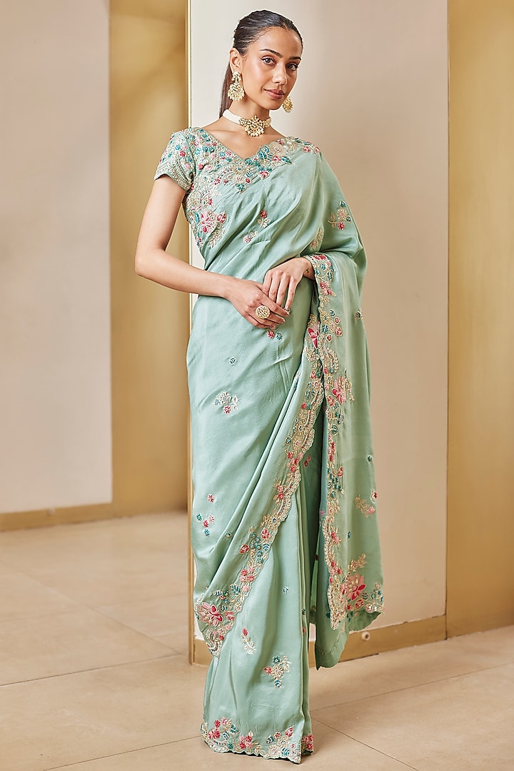 Cadet Blue Mulberry Silk Hand Embroidered Saree Set by OSAA By Adarsh at Pernia's Pop Up Shop