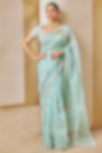 Teal Organza Zardosi & Thread Embroidered Saree Set by OSAA By Adarsh