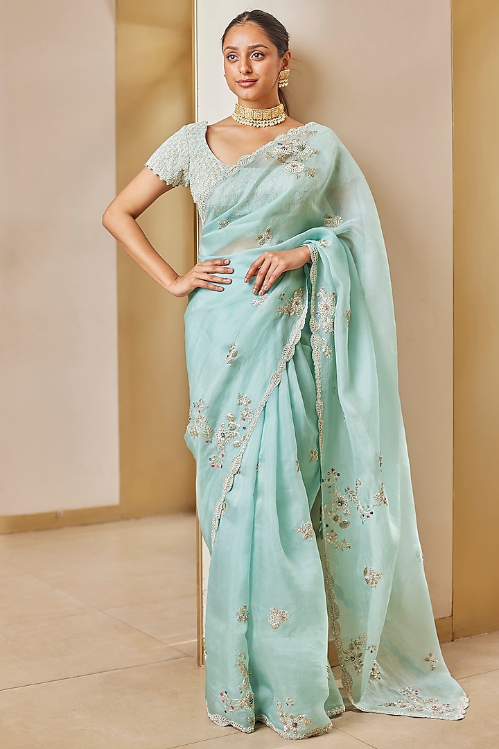 Teal Organza Zardosi & Thread Embroidered Saree Set by OSAA By Adarsh