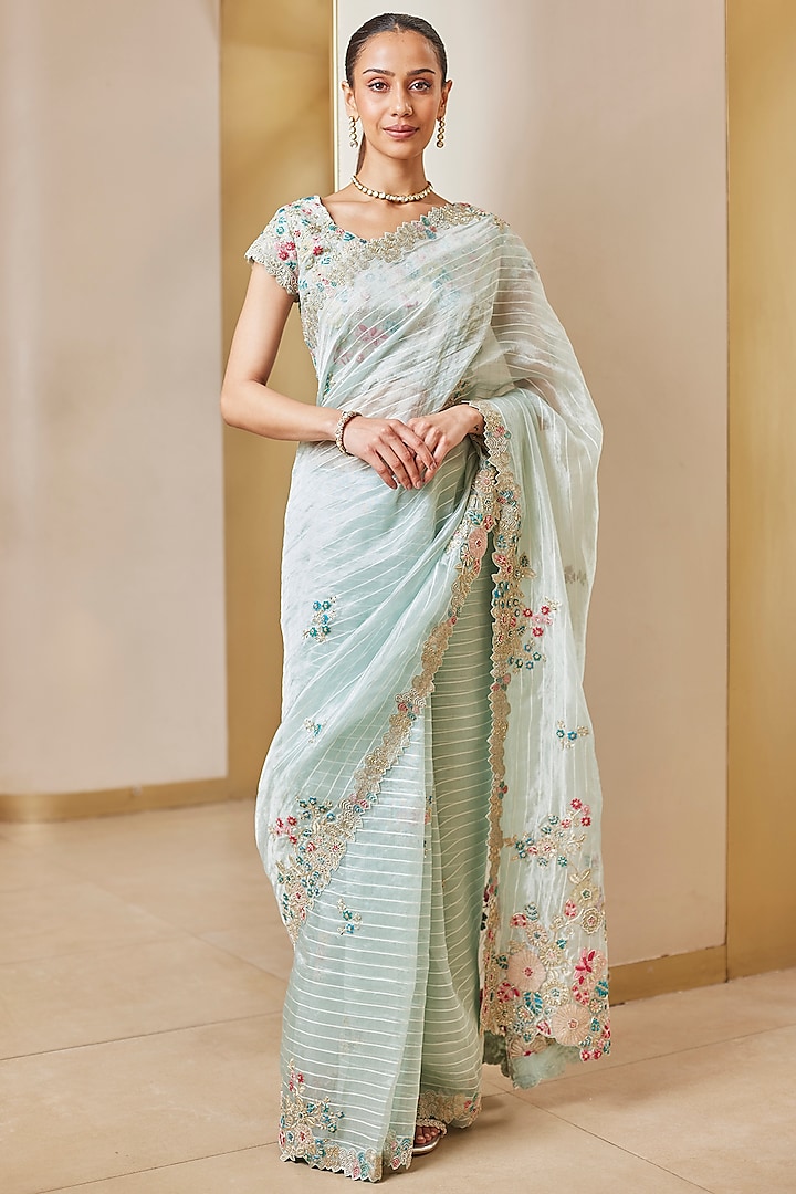 Winter Mint Organza Embroidered Saree Set by OSAA By Adarsh